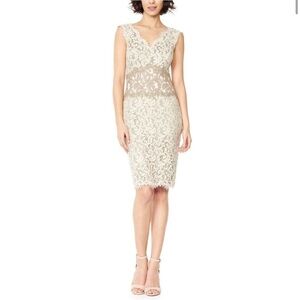 Tadashi Shoji / Cream and Mocha v-neck classic Lace Dress 10 petite
